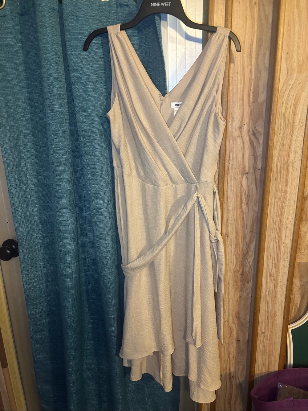DKNY Beige Wrap Midi Dress with Tie Waist